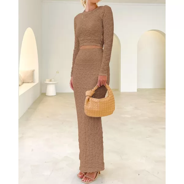 imageBTFBM Womens Fashion 2 Piece Outfits 2023 Fall Winter Long Sleeve Bodycon Pullover Tops Ruched Mermaid Maxi Skirt SetSolid Khaki