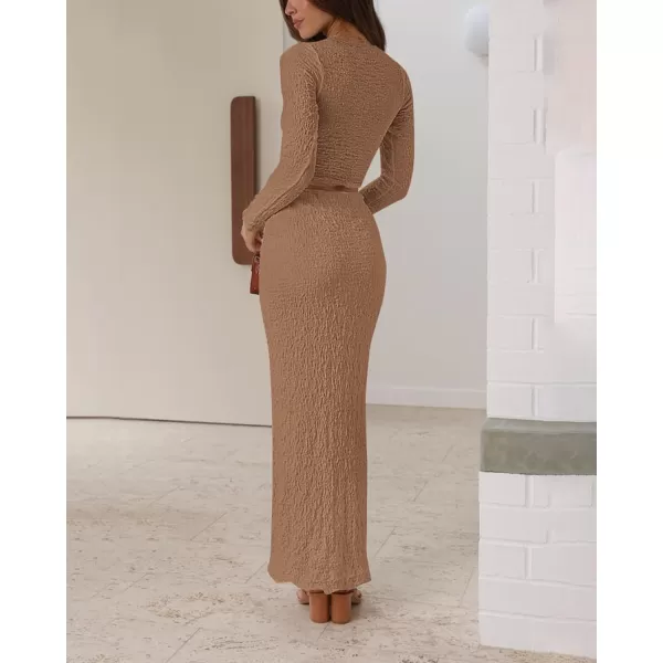 imageBTFBM Womens Fashion 2 Piece Outfits 2023 Fall Winter Long Sleeve Bodycon Pullover Tops Ruched Mermaid Maxi Skirt SetSolid Khaki