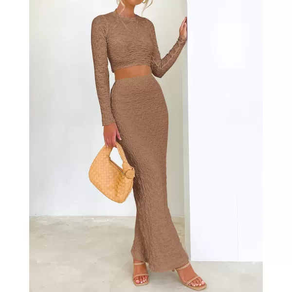 imageBTFBM Womens Fashion 2 Piece Outfits 2023 Fall Winter Long Sleeve Bodycon Pullover Tops Ruched Mermaid Maxi Skirt SetSolid Khaki