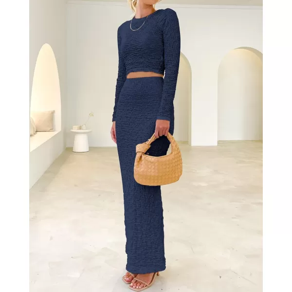imageBTFBM Womens Fashion 2 Piece Outfits 2023 Fall Winter Long Sleeve Bodycon Pullover Tops Ruched Mermaid Maxi Skirt SetSolid Navy