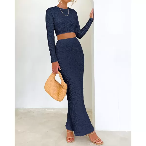 imageBTFBM Womens Fashion 2 Piece Outfits 2023 Fall Winter Long Sleeve Bodycon Pullover Tops Ruched Mermaid Maxi Skirt SetSolid Navy