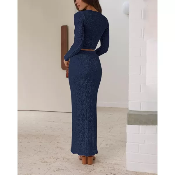 imageBTFBM Womens Fashion 2 Piece Outfits 2023 Fall Winter Long Sleeve Bodycon Pullover Tops Ruched Mermaid Maxi Skirt SetSolid Navy
