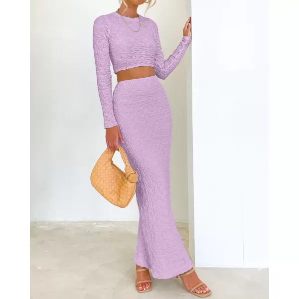 imageBTFBM Womens Fashion 2 Piece Outfits 2023 Fall Winter Long Sleeve Bodycon Pullover Tops Ruched Mermaid Maxi Skirt SetSolid Purple