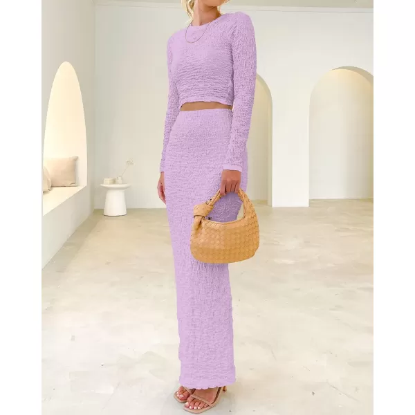 imageBTFBM Womens Fashion 2 Piece Outfits 2023 Fall Winter Long Sleeve Bodycon Pullover Tops Ruched Mermaid Maxi Skirt SetSolid Purple