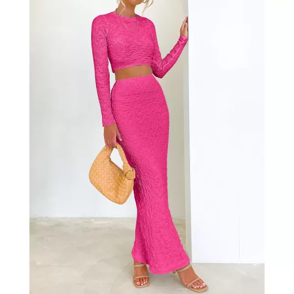 imageBTFBM Womens Fashion 2 Piece Outfits 2023 Fall Winter Long Sleeve Bodycon Pullover Tops Ruched Mermaid Maxi Skirt SetSolid Rose Red