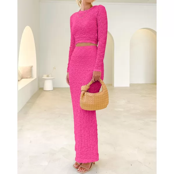 imageBTFBM Womens Fashion 2 Piece Outfits 2023 Fall Winter Long Sleeve Bodycon Pullover Tops Ruched Mermaid Maxi Skirt SetSolid Rose Red