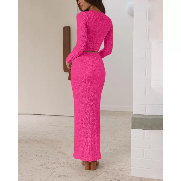 imageBTFBM Womens Fashion 2 Piece Outfits 2023 Fall Winter Long Sleeve Bodycon Pullover Tops Ruched Mermaid Maxi Skirt SetSolid Rose Red