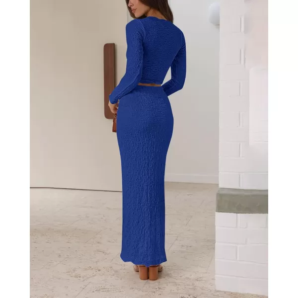 imageBTFBM Womens Fashion 2 Piece Outfits 2023 Fall Winter Long Sleeve Bodycon Pullover Tops Ruched Mermaid Maxi Skirt SetSolid Royal Blue