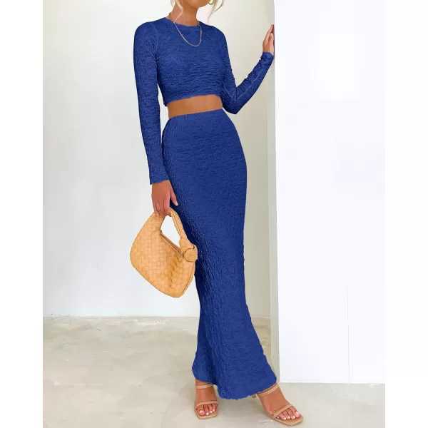 imageBTFBM Womens Fashion 2 Piece Outfits 2023 Fall Winter Long Sleeve Bodycon Pullover Tops Ruched Mermaid Maxi Skirt SetSolid Royal Blue