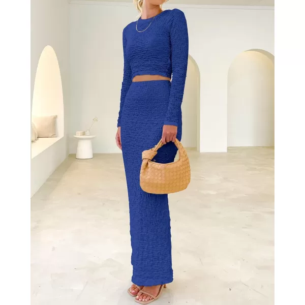 imageBTFBM Womens Fashion 2 Piece Outfits 2023 Fall Winter Long Sleeve Bodycon Pullover Tops Ruched Mermaid Maxi Skirt SetSolid Royal Blue