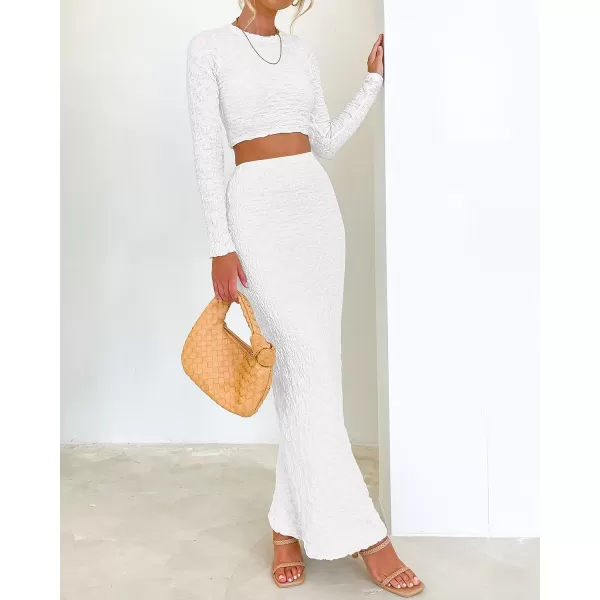 imageBTFBM Womens Fashion 2 Piece Outfits 2023 Fall Winter Long Sleeve Bodycon Pullover Tops Ruched Mermaid Maxi Skirt SetSolid White