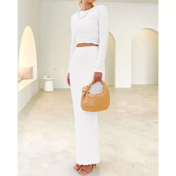 imageBTFBM Womens Fashion 2 Piece Outfits 2023 Fall Winter Long Sleeve Bodycon Pullover Tops Ruched Mermaid Maxi Skirt SetSolid White