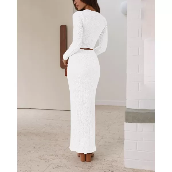 imageBTFBM Womens Fashion 2 Piece Outfits 2023 Fall Winter Long Sleeve Bodycon Pullover Tops Ruched Mermaid Maxi Skirt SetSolid White