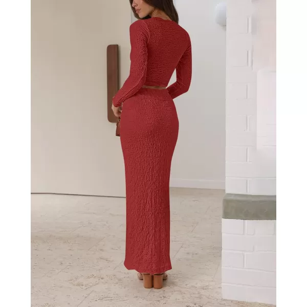 imageBTFBM Womens Fashion 2 Piece Outfits 2023 Fall Winter Long Sleeve Bodycon Pullover Tops Ruched Mermaid Maxi Skirt SetSolid Wine Red