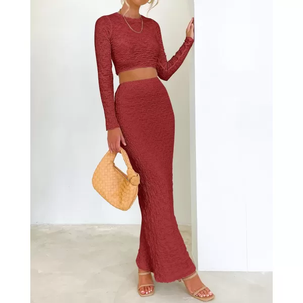 imageBTFBM Womens Fashion 2 Piece Outfits 2023 Fall Winter Long Sleeve Bodycon Pullover Tops Ruched Mermaid Maxi Skirt SetSolid Wine Red