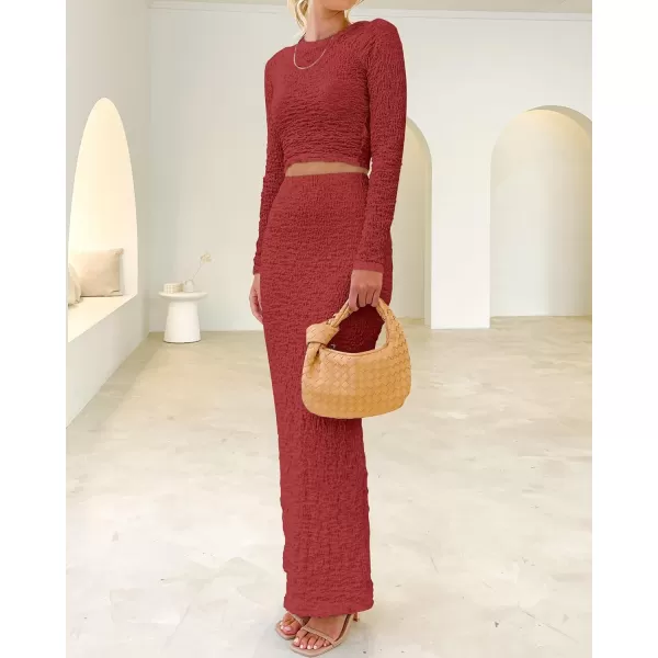 imageBTFBM Womens Fashion 2 Piece Outfits 2023 Fall Winter Long Sleeve Bodycon Pullover Tops Ruched Mermaid Maxi Skirt SetSolid Wine Red
