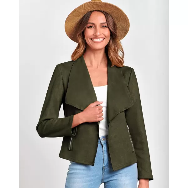 imageBTFBM Womens Fashion Faux Suede Jackets 2023 Fall Winter Clothes Lapel Long Sleeve Open Front Outerwear Cropped CoatsSolid Army Green
