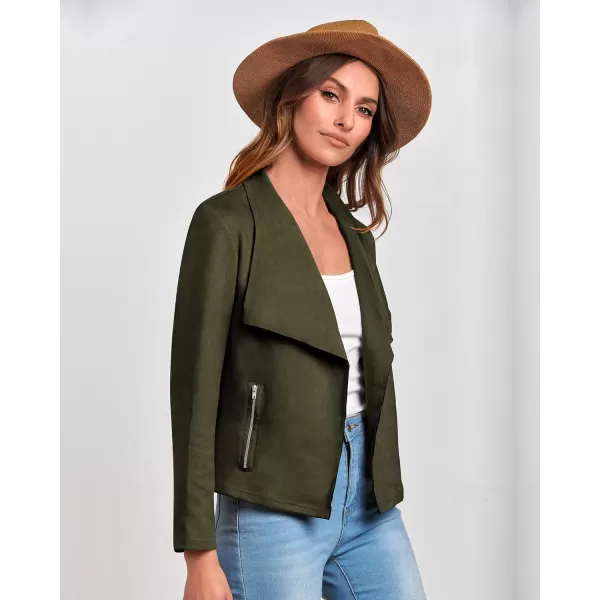 imageBTFBM Womens Fashion Faux Suede Jackets 2023 Fall Winter Clothes Lapel Long Sleeve Open Front Outerwear Cropped CoatsSolid Army Green
