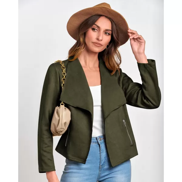 imageBTFBM Womens Fashion Faux Suede Jackets 2023 Fall Winter Clothes Lapel Long Sleeve Open Front Outerwear Cropped CoatsSolid Army Green