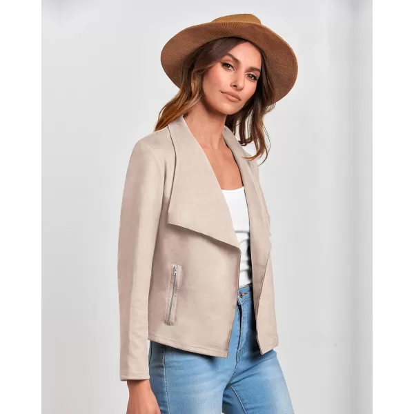 imageBTFBM Womens Fashion Faux Suede Jackets 2023 Fall Winter Clothes Lapel Long Sleeve Open Front Outerwear Cropped CoatsSolid Beige Apricot