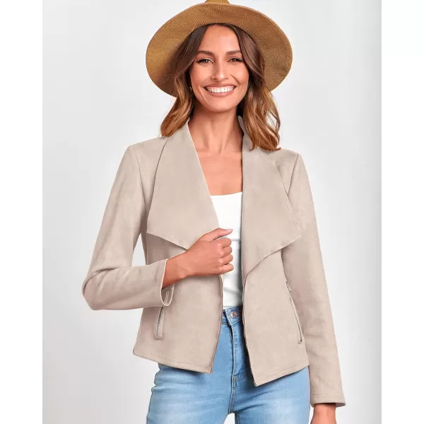 imageBTFBM Womens Fashion Faux Suede Jackets 2023 Fall Winter Clothes Lapel Long Sleeve Open Front Outerwear Cropped CoatsSolid Beige Apricot