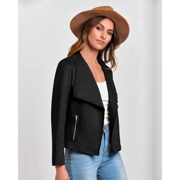 imageBTFBM Womens Fashion Faux Suede Jackets 2023 Fall Winter Clothes Lapel Long Sleeve Open Front Outerwear Cropped CoatsSolid Black