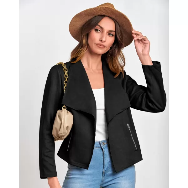 imageBTFBM Womens Fashion Faux Suede Jackets 2023 Fall Winter Clothes Lapel Long Sleeve Open Front Outerwear Cropped CoatsSolid Black