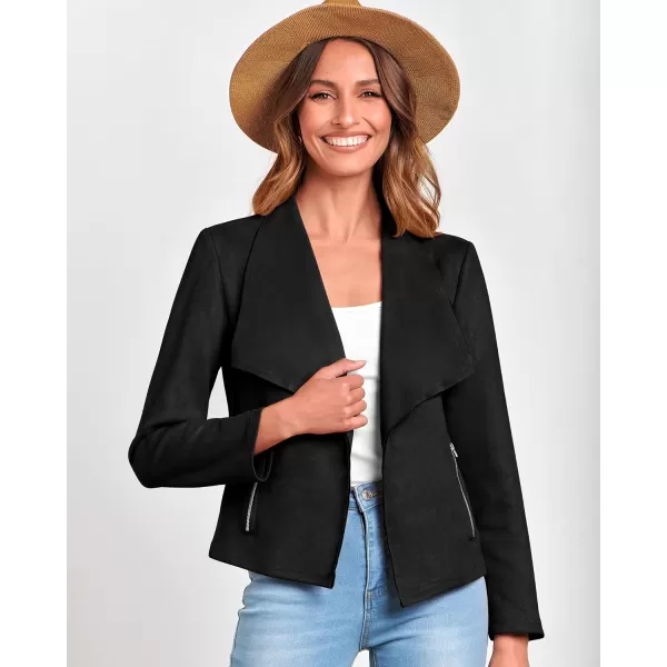 imageBTFBM Womens Fashion Faux Suede Jackets 2023 Fall Winter Clothes Lapel Long Sleeve Open Front Outerwear Cropped CoatsSolid Black
