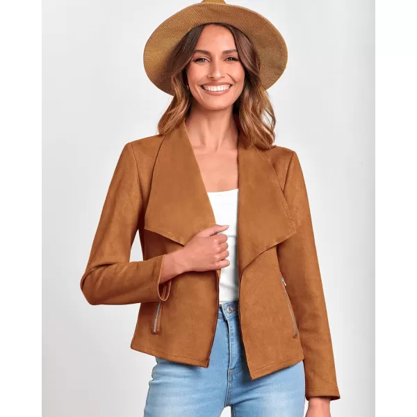 imageBTFBM Womens Fashion Faux Suede Jackets 2023 Fall Winter Clothes Lapel Long Sleeve Open Front Outerwear Cropped CoatsSolid Brown