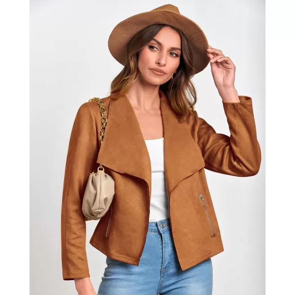 imageBTFBM Womens Fashion Faux Suede Jackets 2023 Fall Winter Clothes Lapel Long Sleeve Open Front Outerwear Cropped CoatsSolid Brown