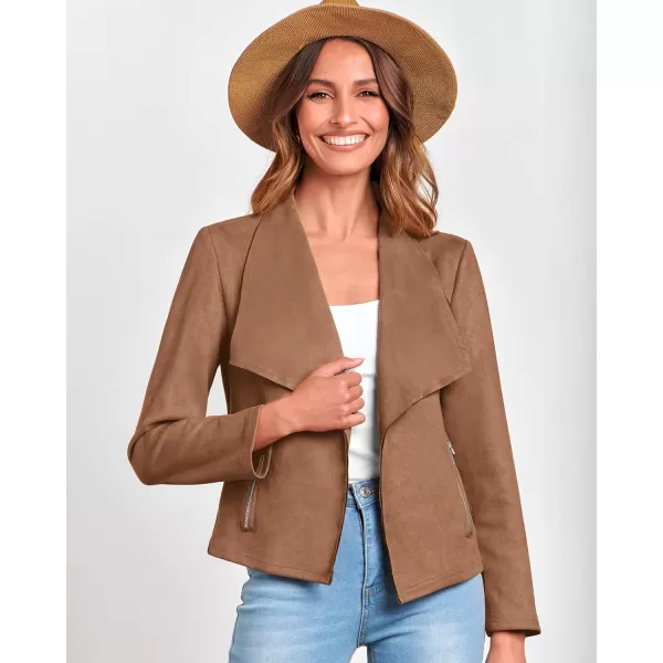 imageBTFBM Womens Fashion Faux Suede Jackets 2023 Fall Winter Clothes Lapel Long Sleeve Open Front Outerwear Cropped CoatsSolid Camel