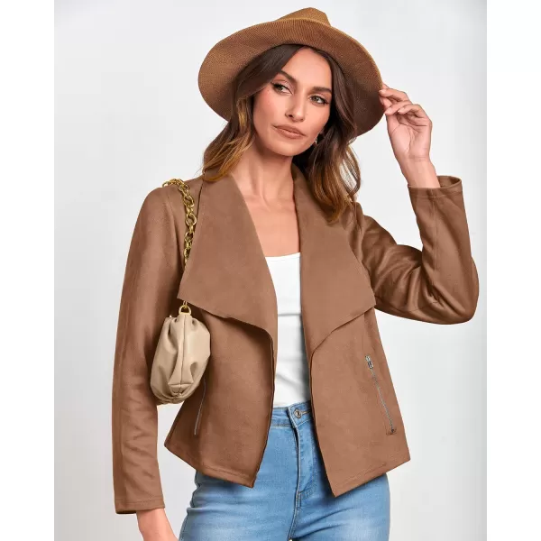 imageBTFBM Womens Fashion Faux Suede Jackets 2023 Fall Winter Clothes Lapel Long Sleeve Open Front Outerwear Cropped CoatsSolid Camel