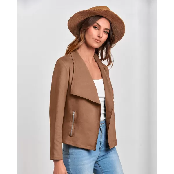 imageBTFBM Womens Fashion Faux Suede Jackets 2023 Fall Winter Clothes Lapel Long Sleeve Open Front Outerwear Cropped CoatsSolid Camel