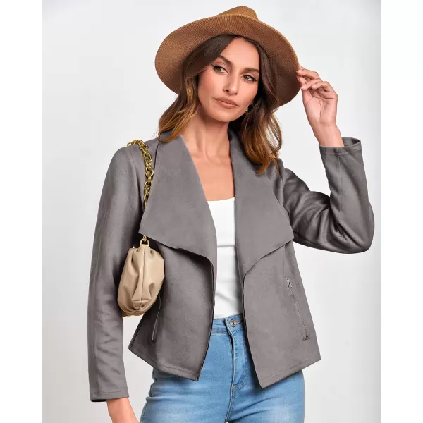 imageBTFBM Womens Fashion Faux Suede Jackets 2023 Fall Winter Clothes Lapel Long Sleeve Open Front Outerwear Cropped CoatsSolid Grey