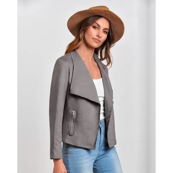 imageBTFBM Womens Fashion Faux Suede Jackets 2023 Fall Winter Clothes Lapel Long Sleeve Open Front Outerwear Cropped CoatsSolid Grey