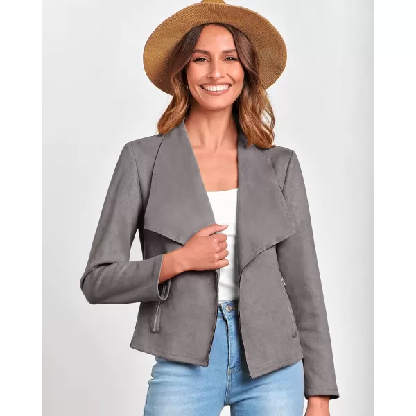 imageBTFBM Womens Fashion Faux Suede Jackets 2023 Fall Winter Clothes Lapel Long Sleeve Open Front Outerwear Cropped CoatsSolid Grey