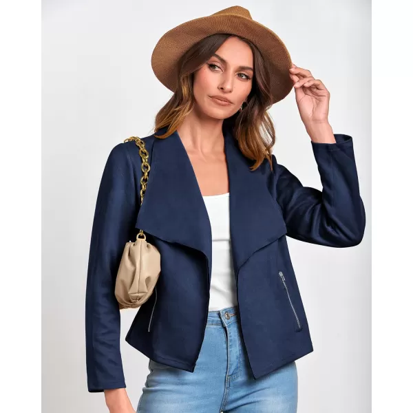 imageBTFBM Womens Fashion Faux Suede Jackets 2023 Fall Winter Clothes Lapel Long Sleeve Open Front Outerwear Cropped CoatsSolid Navy
