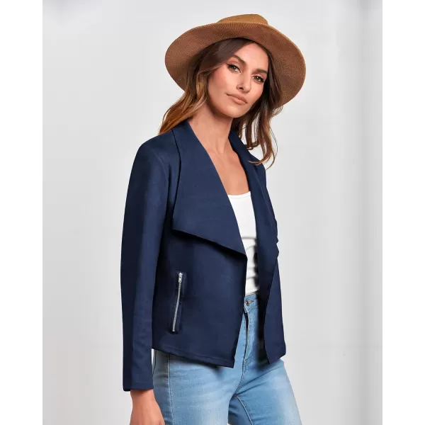 imageBTFBM Womens Fashion Faux Suede Jackets 2023 Fall Winter Clothes Lapel Long Sleeve Open Front Outerwear Cropped CoatsSolid Navy