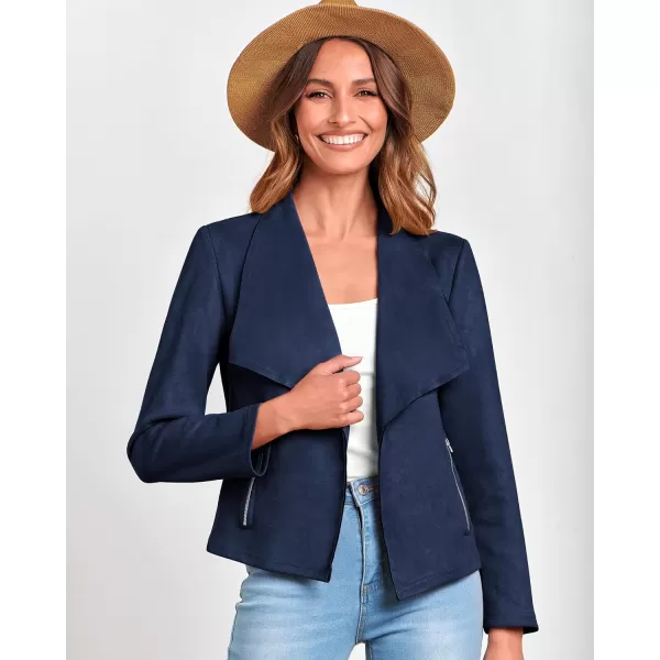 imageBTFBM Womens Fashion Faux Suede Jackets 2023 Fall Winter Clothes Lapel Long Sleeve Open Front Outerwear Cropped CoatsSolid Navy