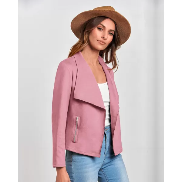 imageBTFBM Womens Fashion Faux Suede Jackets 2023 Fall Winter Clothes Lapel Long Sleeve Open Front Outerwear Cropped CoatsSolid Pink