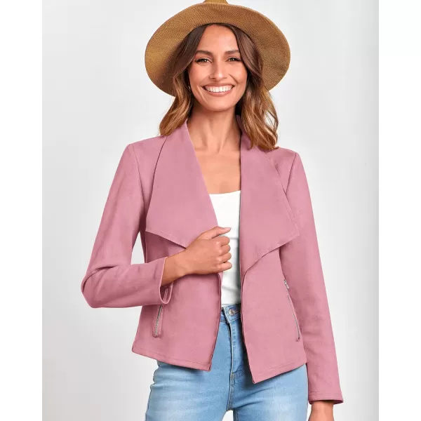 imageBTFBM Womens Fashion Faux Suede Jackets 2023 Fall Winter Clothes Lapel Long Sleeve Open Front Outerwear Cropped CoatsSolid Pink