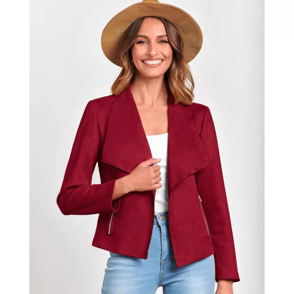 imageBTFBM Womens Fashion Faux Suede Jackets 2023 Fall Winter Clothes Lapel Long Sleeve Open Front Outerwear Cropped CoatsSolid Red