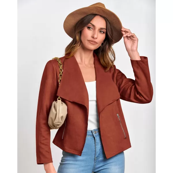 imageBTFBM Womens Fashion Faux Suede Jackets 2023 Fall Winter Clothes Lapel Long Sleeve Open Front Outerwear Cropped CoatsSolid Rust Red