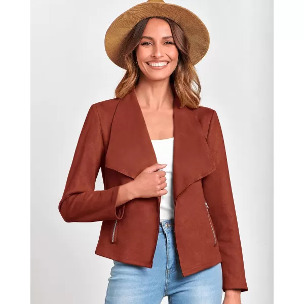 imageBTFBM Womens Fashion Faux Suede Jackets 2023 Fall Winter Clothes Lapel Long Sleeve Open Front Outerwear Cropped CoatsSolid Rust Red
