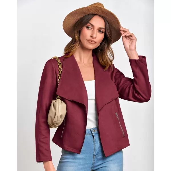 imageBTFBM Womens Fashion Faux Suede Jackets 2023 Fall Winter Clothes Lapel Long Sleeve Open Front Outerwear Cropped CoatsSolid Wine Red