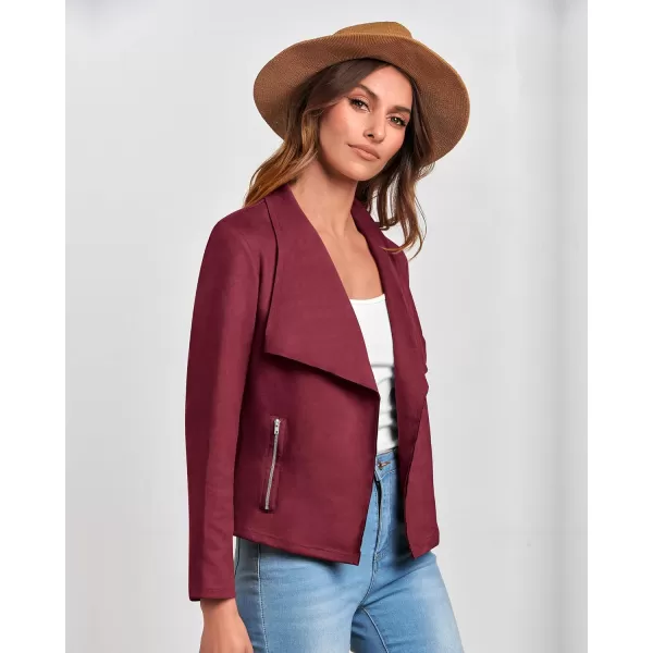imageBTFBM Womens Fashion Faux Suede Jackets 2023 Fall Winter Clothes Lapel Long Sleeve Open Front Outerwear Cropped CoatsSolid Wine Red