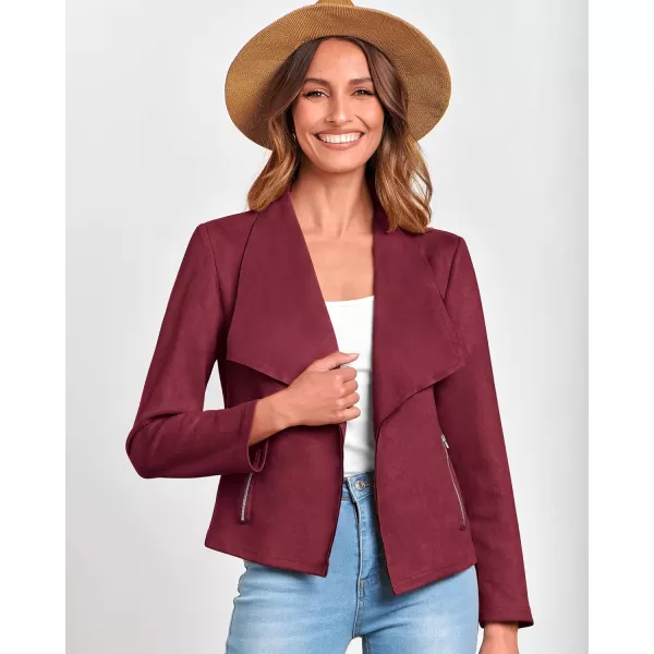 imageBTFBM Womens Fashion Faux Suede Jackets 2023 Fall Winter Clothes Lapel Long Sleeve Open Front Outerwear Cropped CoatsSolid Wine Red