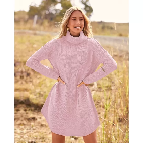 imageBTFBM Womens Fashion Turtleneck Long Sleeve Sweaters Oversized Casual Chunky Knit Fall Winter Slouchy Pullover JumperSolid Light Pink
