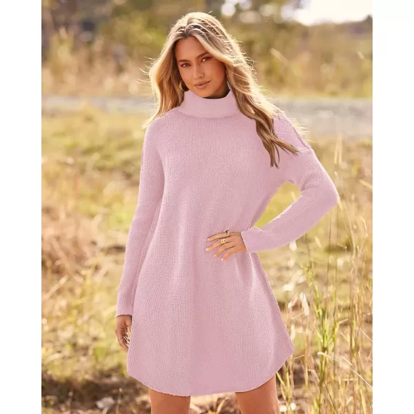 imageBTFBM Womens Fashion Turtleneck Long Sleeve Sweaters Oversized Casual Chunky Knit Fall Winter Slouchy Pullover JumperSolid Light Pink