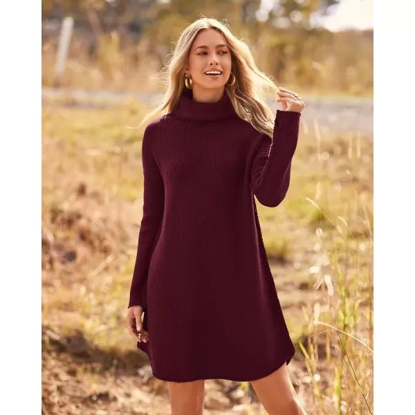 imageBTFBM Womens Fashion Turtleneck Long Sleeve Sweaters Oversized Casual Chunky Knit Fall Winter Slouchy Pullover JumperSolid Wine Red